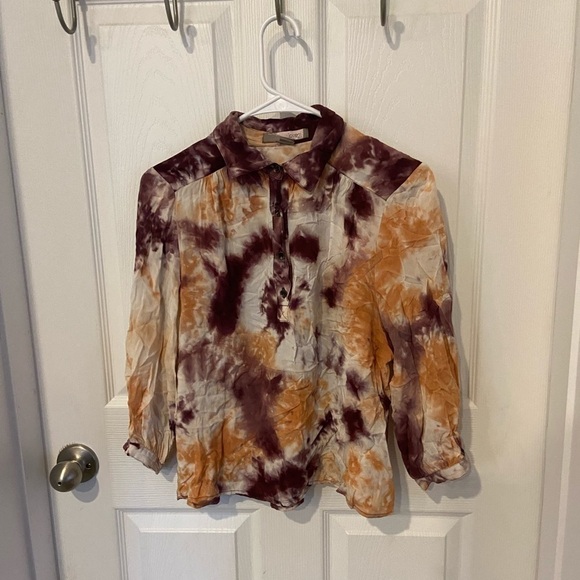 love 21 Small Tye dye button up shirt Blouse adjustable Sleeve purple orange - Picture 1 of 7